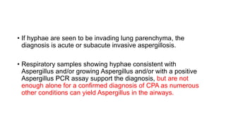 • If hyphae are seen to be invading lung parenchyma, the
diagnosis is acute or subacute invasive aspergillosis.
• Respiratory samples showing hyphae consistent with
Aspergillus and/or growing Aspergillus and/or with a positive
Aspergillus PCR assay support the diagnosis, but are not
enough alone for a confirmed diagnosis of CPA as numerous
other conditions can yield Aspergillus in the airways.
 
