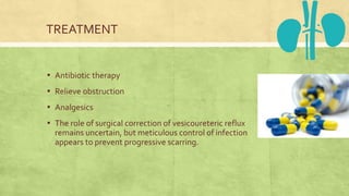 TREATMENT
▪ Antibiotic therapy
▪ Relieve obstruction
▪ Analgesics
▪ The role of surgical correction of vesicoureteric reflux
remains uncertain, but meticulous control of infection
appears to prevent progressive scarring.
 