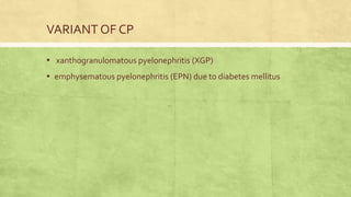 VARIANT OF CP
▪ xanthogranulomatous pyelonephritis (XGP)
▪ emphysematous pyelonephritis (EPN) due to diabetes mellitus
 