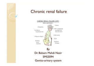 Ch i l f ilCh i l f ilChronic renal failureChronic renal failure
By
Dr. Balsam Mahdi Nasir
SMS3094
Genito-urinary system
 