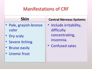 Manifestations of CRF
Skin
• Pale, grayish-bronze
color
• Dry scaly
• Severe itching
• Bruise easily
• Uremic frost
Central Nervous Systems
• Include irritability,
difficulty
concentrating,
insomnia.
• Confused sates
 
