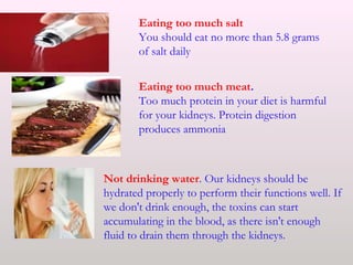 Eating too much salt
You should eat no more than 5.8 grams
of salt daily
Eating too much meat.
Too much protein in your diet is harmful
for your kidneys. Protein digestion
produces ammonia
Not drinking water. Our kidneys should be
hydrated properly to perform their functions well. If
we don't drink enough, the toxins can start
accumulating in the blood, as there isn't enough
fluid to drain them through the kidneys.
 