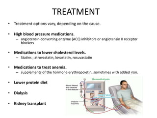 TREATMENT
• Treatment options vary, depending on the cause.
• High blood pressure medications.
– angiotensin-converting enzyme (ACE) inhibitors or angiotensin II receptor
blockers
• Medications to lower cholesterol levels.
– Statins ; atrovastatin, lovastatin, rosuvastatin
• Medications to treat anemia.
– supplements of the hormone erythropoietin, sometimes with added iron.
• Lower protein diet
• Dialysis
• Kidney transplant
 