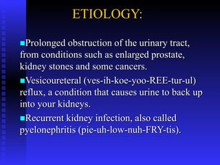 ETIOLOGY:
Prolonged obstruction of the urinary tract,
from conditions such as enlarged prostate,
kidney stones and some cancers.
Vesicoureteral (ves-ih-koe-yoo-REE-tur-ul)
reflux, a condition that causes urine to back up
into your kidneys.
Recurrent kidney infection, also called
pyelonephritis (pie-uh-low-nuh-FRY-tis).
 