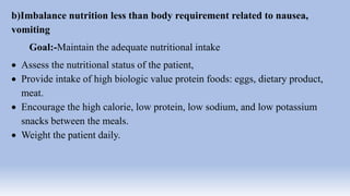 b)Imbalance nutrition less than body requirement related to nausea,
vomiting
Goal:-Maintain the adequate nutritional intake
 Assess the nutritional status of the patient,
 Provide intake of high biologic value protein foods: eggs, dietary product,
meat.
 Encourage the high calorie, low protein, low sodium, and low potassium
snacks between the meals.
 Weight the patient daily.
 