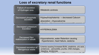 Loss of excretory renal functions
•Metabolic acidosis
Failure of excretion
of Hydrogen ions
•Hyperphosphatemia → decreased Calcium
absorption→Hypocalcemia
Decreased phosphate
excretion
•HYPERKALEMIA
Decreased potassium
Excretion
•Hyponatremia ,water Retention causing
Hypertension, heart failure, oedema
Decreased Na+
reabsorption in tubule
•Uremia causing Increased BUN, creatinine, uric acid,
proteinura, , pericarditis, pruritis, CNS changes,
bleeding tendencies
Decreased excretion of
Nitrogenous waste
 