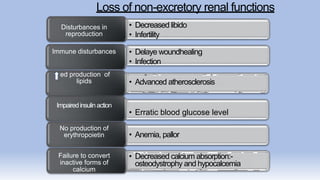 Loss of non-excretory renal functions
• Decreased libido
• Infertility
• Delaye woundhealing
• Infection
• Advanced atherosclerosis
• Erratic blood glucose level
• Anemia, pallor
• Decreased calcium absorption:-
osteodystrophy and hypocalcemia
Disturbances in
reproduction
Immune disturbances
ed production of
lipids
Impairedinsulinaction
No production of
erythropoietin
Failure to convert
inactive forms of
calcium
 