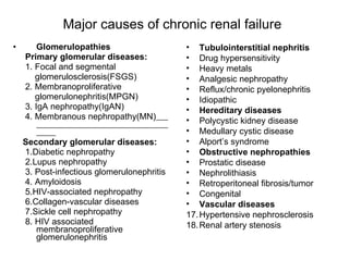 Major causes of chronic renal failure   Glomerulopathies Primary glomerular diseases: 1. Focal and segmental glomerulosclerosis(FSGS) 2. Membranoproliferative  glomerulonephritis(MPGN) 3. IgA nephropathy(IgAN) 4. Membranous nephropathy(MN)   Secondary glomerular diseases: 1.Diabetic nephropathy 2.Lupus nephropathy 3. Post-infectious glomerulonephritis 4. Amyloidosis 5.HIV-associated nephropathy 6.Collagen-vascular diseases 7.Sickle cell nephropathy 8. HIV associated membranoproliferative glomerulonephritis Tubulointerstitial nephritis Drug hypersensitivity Heavy metals Analgesic nephropathy Reflux/chronic pyelonephritis Idiopathic Hereditary diseases Polycystic kidney disease Medullary cystic disease Alport’s syndrome Obstructive nephropathies Prostatic disease Nephrolithiasis Retroperitoneal fibrosis/tumor Congenital Vascular diseases Hypertensive nephrosclerosis Renal artery stenosis 