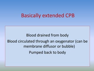 Basically extended CPB
Blood drained from body
Blood circulated through an oxygenator (can be
membrane diffusor or bubble)
Pumped back to body
 