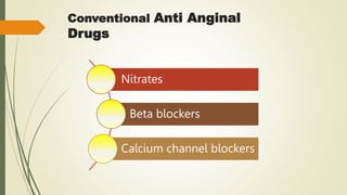 Conventional Anti Anginal
Drugs
Nitrates
Beta blockers
Calcium channel blockers
 