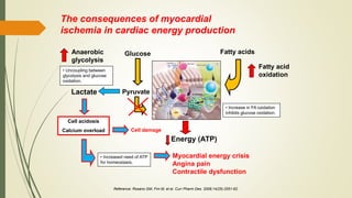 Glucose
Fatty acid
oxidation
Pyruvate
Anaerobic
glycolysis
Energy (ATP)
• Increase in FA oxidation
inhibits glucose oxidation.
• Uncoupling between
glycolysis and glucose
oxidation.
Cell acidosis
Calcium overload
• Increased need of ATP
for homeostasis.
Cell damage
Myocardial energy crisis
Angina pain
Contractile dysfunction
Fatty acids
Lactate
The consequences of myocardial
ischemia in cardiac energy production
Reference: Rosano GM, Fini M, et al. Curr Pharm Des. 2008;14(25):2551-62.
 