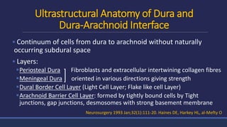 Ultrastructural Anatomy of Dura and
Dura-Arachnoid Interface
 Continuum of cells from dura to arachnoid without naturally
occurring subdural space
 Layers:
Periosteal Dura Fibroblasts and extracellular intertwining collagen fibres
Meningeal Dura oriented in various directions giving strength
Dural Border Cell Layer (Light Cell Layer; Flake like cell Layer)
Arachnoid Barrier Cell Layer: formed by tightly bound cells by Tight
junctions, gap junctions, desmosomes with strong basement membrane
Neurosurgery 1993 Jan;32(1):111-20. Haines DE, Harkey HL, al-Mefty O
 