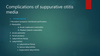 Complications of suppurative otitis
media
 Intratemporal
1.Persistent tympanic membrane perforation
2. Mastoiditis
a. Acute coalescent mastoiditis
b. Masked (latent) mastoiditis
3 .Acute petrositis
4 .Facial paralysis
5 .Labyrinthine fistula
6 .Labyrinthitis
a. Labyrinthine fistula
b. Serous labyrinthitis
c. Suppurative labyrinthitis
 