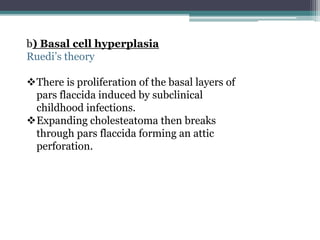 b) Basal cell hyperplasia
Ruedi’s theory
There is proliferation of the basal layers of
pars flaccida induced by subclinical
childhood infections.
Expanding cholesteatoma then breaks
through pars flaccida forming an attic
perforation.
 