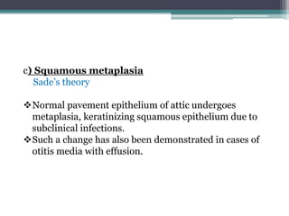 c) Squamous metaplasia
Sade’s theory
Normal pavement epithelium of attic undergoes
metaplasia, keratinizing squamous epithelium due to
subclinical infections.
Such a change has also been demonstrated in cases of
otitis media with effusion.
 