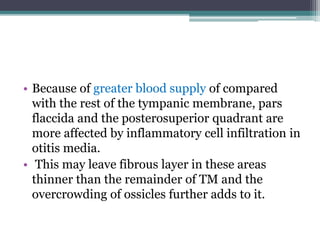 • Because of greater blood supply of compared
with the rest of the tympanic membrane, pars
flaccida and the posterosuperior quadrant are
more affected by inflammatory cell infiltration in
otitis media.
• This may leave fibrous layer in these areas
thinner than the remainder of TM and the
overcrowding of ossicles further adds to it.
 