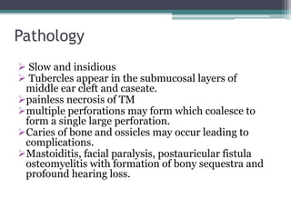 Pathology
 Slow and insidious
 Tubercles appear in the submucosal layers of
middle ear cleft and caseate.
painless necrosis of TM
multiple perforations may form which coalesce to
form a single large perforation.
Caries of bone and ossicles may occur leading to
complications.
Mastoiditis, facial paralysis, postauricular fistula
osteomyelitis with formation of bony sequestra and
profound hearing loss.
 