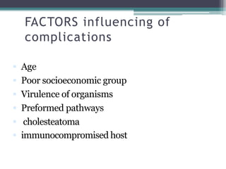 FACTORS influencing of
complications
 Age
 Poor socioeconomic group
 Virulence of organisms
 Preformed pathways
 cholesteatoma
 immunocompromised host
 