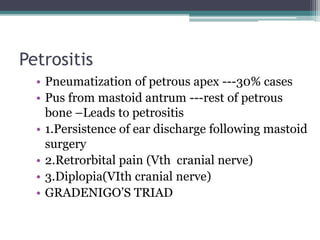 Petrositis
• Pneumatization of petrous apex ---30% cases
• Pus from mastoid antrum ---rest of petrous
bone –Leads to petrositis
• 1.Persistence of ear discharge following mastoid
surgery
• 2.Retrorbital pain (Vth cranial nerve)
• 3.Diplopia(VIth cranial nerve)
• GRADENIGO’S TRIAD
 