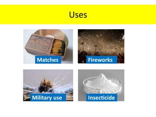Uses
Matches Fireworks
Military use Insecticide
 