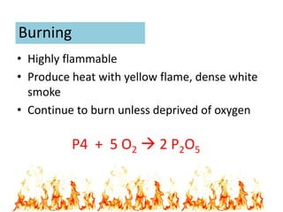 Burning
• Highly flammable
• Produce heat with yellow flame, dense white
smoke
• Continue to burn unless deprived of oxygen
P4 + 5 O2  2 P2O5
 