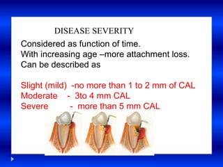 a
DISEASE SEVERITY
Considered as function of time.
With increasing age –more attachment loss.
Can be described as
Slight (mild) -no more than 1 to 2 mm of CAL
Moderate - 3to 4 mm CAL
Severe - more than 5 mm CAL
 