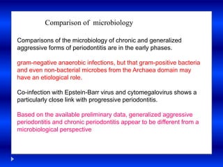 Comparison of microbiology
Comparisons of the microbiology of chronic and generalized
aggressive forms of periodontitis are in the early phases.
gram-negative anaerobic infections, but that gram-positive bacteria
and even non-bacterial microbes from the Archaea domain may
have an etiological role.
Co-infection with Epstein-Barr virus and cytomegalovirus shows a
particularly close link with progressive periodontitis.
Based on the available preliminary data, generalized aggressive
periodontitis and chronic periodontitis appear to be different from a
microbiological perspective
 