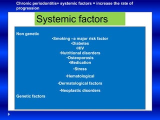 Systemic factors
Chronic periodontitis+ systemic factors = increase the rate of
progression.
Non genetic
•Smoking –a major risk factor
•Diabetes
•HIV
•Nutritional disorders
•Osteoporosis
•Medication
•Stress
•Hematological
•Dermatological factors
•Neoplastic disorders
Genetic factors
 