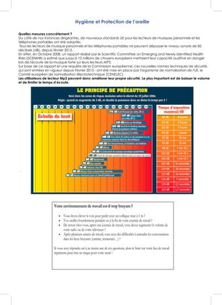 Hygiène et Protection de l’oreille
Quelles mesures concrètement ?
Du côté de nos instances dirigeantes, de nouveaux standards UE pour les lecteurs de musiques personnels et les
téléphones portables ont été adoptés.
Tous les lecteurs de musique personnels et les téléphones portables ne peuvent dépasser le niveau sonore de 85
décibels (dB), depuis février 2013.
En effet, en Octobre 2008, un rapport réalisé par le Scientific Committee on Emerging and Newly Identified Health
Risks (SCENIHR) a estimé que jusqu'à 10 millions de citoyens européens mettaient leur capacité auditive en danger
lors de l'écoute de la musique forte sur leurs lecteurs MP3.
Sur base de ce rapport et une requête de la Commission européenne, ces nouvelles normes techniques de sécurité,
qui sont entrées en vigueur depuis Février 2013 - ont été mise en place par l'organisme de normalisation de l'UE, le
Comité européen de normalisation électrotechnique (CENELEC).
Les utilisateurs de lecteur Mp3 peuvent donc améliorer leur propre sécurité. Le plus important est de baisser le volume
et de limiter le temps d’écoute.
Votre environnement de travail est-il trop bruyant ?
• Vous devez élever la voix pour parler avec un collègue situé à 1 m ?
• Vos oreilles bourdonnent pendant ou à la fin de votre journée de travail ?
• De retour chez vous, après une journée de travail, vous devez augmenter le volume de
votre radio ou de votre téléviseur ?
• Après plusieurs années de travail, vous avez des difficultés à entendre les conversations
dans les lieux bruyants (cantine, restaurant…) ?
Si vous avez répondu oui à au moins une de ces questions, alors le bruit sur votre lieu de travail
représente peut-être un risque pour votre santé !
 