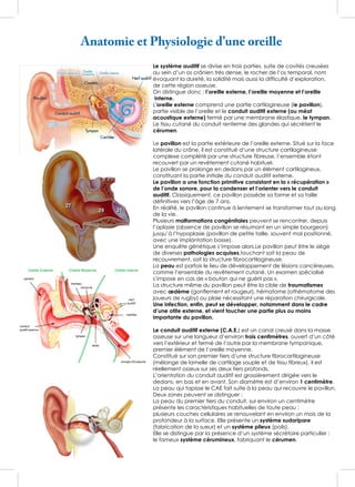 Anatomie et Physiologie d’une oreille
Le système auditif se divise en trois parties, suite de cavités creusées
au sein d’un os crânien très dense, le rocher de l’os temporal, nom
évoquant la dureté, la solidité mais aussi la difficulté d’exploration,
de cette région osseuse.
On distingue donc : l’oreille externe, l’oreille moyenne et l’oreille
interne.
L'oreille externe comprend une partie cartilagineuse (le pavillon),
partie visible de l’oreille et le conduit auditif externe (ou méat
acoustique externe) fermé par une membrane élastique, le tympan.
Le tissu cutané du conduit renferme des glandes qui sécrètent le
cérumen.
Le pavillon est la partie extérieure de l’oreille externe. Situé sur la face
latérale du crâne, il est constitué d’une structure cartilagineuse
complexe complété par une structure fibreuse, l’ensemble étant
recouvert par un revêtement cutané habituel.
Le pavillon se prolonge en dedans par un élément cartilagineux,
constituant la partie initiale du conduit auditif externe.
Le pavillon a une fonction primitive consistant en la « récupération »
de l’onde sonore, pour la condenser et l’orienter vers le conduit
auditif. Classiquement, ce pavillon possède sa forme et sa taille
définitives vers l’âge de 7 ans.
En réalité, le pavillon continue à lentement se transformer tout au long
de la vie.
Plusieurs malformations congénitales peuvent se rencontrer, depuis
l’aplasie (absence de pavillon se résumant en un simple bourgeon)
jusqu’à l’hypoplasie (pavillon de petite taille, souvent mal positionné,
avec une implantation basse).
Une enquête génétique s’impose alors.Le pavillon peut être le siège
de diverses pathologies acquises,touchant soit la peau de
recouvrement, soit la structure fibrocartilagineuse.
La peau est parfois le lieu de développement de lésions cancéreuses,
comme l’ensemble du revêtement cutané. Un examen spécialisé
s’impose en cas de « bouton qui ne guérit pas ».
La structure même du pavillon peut être la cible de traumatismes
avec œdème (gonflement et rougeur), hématome (othématome des
joueurs de rugby) ou plaie nécessitant une réparation chirurgicale.
Une infection, enfin, peut se développer, notamment dans le cadre
d’une otite externe, et vient toucher une partie plus ou moins
importante du pavillon.
Le conduit auditif externe (C.A.E.) est un canal creusé dans la masse
osseuse sur une longueur d’environ trois centimètres, ouvert d’un côté
vers l’extérieur et fermé de l’autre par la membrane tympanique,
premier élément de l’oreille moyenne.
Constitué sur son premier tiers d’une structure fibrocartilagineuse
(mélange de lamelle de cartilage souple et de tissu fibreux), il est
réellement osseux sur ses deux tiers profonds.
L’orientation du conduit auditif est grossièrement dirigée vers le
dedans, en bas et en avant. Son diamètre est d’environ 1 centimètre.
La peau qui tapisse le CAE fait suite à la peau qui recouvre le pavillon.
Deux zones peuvent se distinguer :
La peau du premier tiers du conduit, sur environ un centimètre
présente les caractéristiques habituelles de toute peau :
plusieurs couches cellulaires se renouvelant en environ un mois de la
profondeur à la surface. Elle présente un système sudoripare
(fabrication de la sueur) et un système pileux (poils).
Elle se distingue par la présence d’un système sécrétoire particulier :
le fameux système cérumineux, fabriquant le cérumen.
 