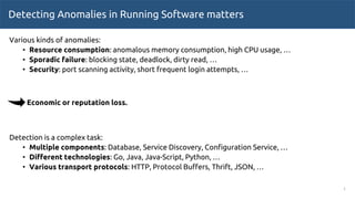 Detecting Anomalies in Running Software matters
Various kinds of anomalies:
• Resource consumption: anomalous memory consu...