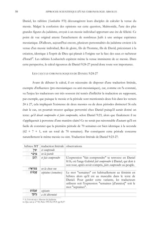 50                             APPROCHE SCIENTIFIQUE D'UNE CHRONOLOGIE ABSOLUE


     Daniel, les rabbins (Sanhedrin 97b) découragèrent leurs disciples de calculer la venue du
     messie. Malgré la confusion des opinions sur cette question, Maïmonide, l'une des plus
     grandes figures du judaïsme, croyait à un messie individuel apportant une ère de félicité. Ce
     point de vue original atteste l'attachement de nombreux Juifs à une antique espérance
     messianique. D'ailleurs, aujourd'hui encore, plusieurs personnalités du judaïsme croient à la
     venue d'un messie individuel, Roi de gloire, fils de l'homme, fils de David, préexistant à la
     création, identique à l'esprit de Dieu qui planait à l'origine sur la face des eaux et racheteur
     d'Israël49. Les rabbins Loubavitch espèrent même la venue imminente de ce messie. Dans
     cette perspective, le calcul rigoureux de Daniel 9:24-27 prend donc toute son importance.

                LES CALCULS CHRONOLOGIQUES DE DANIEL 9:24-27

                Avant de débuter le calcul, il est nécessaire de disposer d'une traduction littérale,
     exempte d'influences (pro-messianiques ou anti-messianiques), car, comme on l'a constaté,
     vu l'enjeu les traducteurs ont très souvent été tentés d'infléchir la traduction en supposant,
     par exemple, que puisque le messie et la période sont mentionnés deux fois dans les versets
     24 à 27, cela impliquait l'existence de deux messies ou de deux périodes distinctes! Si cela
     était le cas, on pourrait trouver quelque perversité chez Daniel puisqu'il aurait donné un
     texte: qu'il devait comprendre et faire comprendre, selon Daniel 9:23, alors que finalement il ne
     s'appliquerait à personne d'une manière claire! Ce ne serait pas raisonnable d'autant qu'il est
     facile de constater que la première période de 70 semaines est bien identique à la seconde
     (62 + 7 + 1, soit un total de 70 semaines). Par conséquent cette période concerne
     naturellement le même messie ou oint. Traduction littérale de Daniel 9:23-27:

          hébreu MT traduction littérale observations
                    et comprends
                    en la parole
                    et fais comprendre   L'expression "fais comprendre" se retrouve en Daniel
                                         8:16, où l'ange Gabriel fait comprendre à Daniel, qui doit à
                                         son tour, après avoir compris, faire comprendre au peuple.
                    en la chose vue
                    septaines (semaines) Le mot "semaines" est habituellement au féminin en
                                         hébreu alors qu'il est au masculin dans le texte de
                                         Daniel. Pour garder cette variante, les traducteurs
                                         utilisent soit l'expression "semaines [d'années]" soit le
                                         mot "septaines".
                    septante
                    a été déterminé
     49A. CHOURAQUI -Histoire du Judaïsme
     in: Que sais-je n°750, Paris 1995 Éd. PUF pp.96,97
 