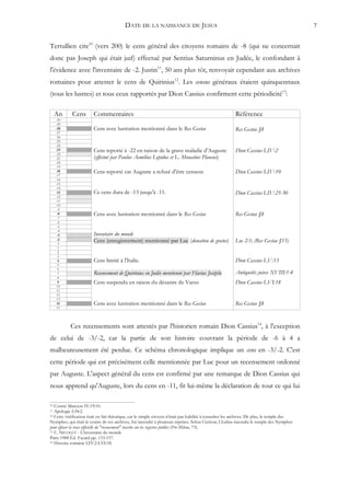 DATE DE LA NAISSANCE DE JESUS                                                                      7


Tertullien cite10 (vers 200) le cens général des citoyens romains de -8 (qui ne concernait
donc pas Joseph qui était juif) effectué par Sentius Saturninus en Judée, le confondant à
l'évidence avec l'inventaire de -2. Justin11, 50 ans plus tôt, renvoyait cependant aux archives
romaines pour attester le cens de Quirinius12. Les census généraux étaient quinquennaux
(tous les lustres) et tous ceux rapportés par Dion Cassius confirment cette périodicité13:

     An     Cens        Commentaires                                                                     Référence
     -30
     -29
     -28                Cens avec lustration mentionné dans le Res Gestae                                Res Gestae §8
     -27
     -26
     -25
     -24
     -23                Cens reporté à -22 en raison de la grave maladie d'Auguste                       Dion Cassius LIV:2
     -22
     -21                (effectué par Paulus Aemilius Lepidus et L. Munatius Plancus)
     -20
     -19
     -18                Cens reporté car Auguste a refusé d'être censeur.                                Dion Cassius LIV:10
     -17
     -16
     -15
     -14
     -13                Ce cens dura de -13 jusqu'à -11.                                                 Dion Cassius LIV:25-30
     -12
     -11
     -10
      -9
      -8                Cens avec lustration mentionné dans le Res Gestae                                Res Gestae §8
      -7
      -6
      -5
      -4
      -3                Inventaire du monde
      -2
      -1
                        Cens (enregistrement) mentionné par Luc (donation de grains)                     Luc 2:1; (Res Gestae §15)
       1
       2
       3
       4                Cens limité à l'Italie.                                                          Dion Cassius LV:13
       5
       6
       7                Recensement de Quirinius en Judée mentionné par Flavius Josèphe                  Antiquités juives XVIII:1-4
       8
       9                Cens suspendu en raison du désastre de Varus                                     Dion Cassius LVI:18
      10
      11
      12
      13
      14                Cens avec lustration mentionné dans le Res Gestae                                Res Gestae §8
      15




           Ces recensements sont attestés par l'historien romain Dion Cassius14, à l'exception
de celui de -3/-2, car la partie de son histoire couvrant la période de -6 à 4 a
malheureusement été perdue. Ce schéma chronologique implique un cens en -3/-2. C'est
cette période qui est précisément celle mentionnée par Luc pour un recensement ordonné
par Auguste. L'aspect général du cens est confirmé par une remarque de Dion Cassius qui
nous apprend qu'Auguste, lors du cens en -11, fit lui-même la déclaration de tout ce qui lui

10 Contre Marcion IV:19:10.
11 Apologie I:34:2.
12 Cette vérification était en fait théorique, car le simple citoyen n'était pas habilité à consulter les archives. De plus, le temple des

Nymphes, qui était le centre de ces archives, fut incendié à plusieurs reprises. Selon Cicéron, Clodius incendia le temple des Nymphes
pour effacer la trace officielle du "recensement" inscrite sur les registres publics (Pro Milone, 73).
13 C. NICOLET - L'inventaire du monde

Paris 1988 Éd. Fayard pp. 133-157.
14 Histoire romaine LIV:2-LVI:18.
 