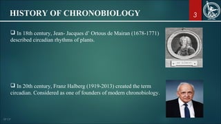 3HISTORY OF CHRONOBIOLOGY
 In 18th century, Jean- Jacques d’ Ortous de Mairan (1678-1771)
described circadian rhythms of plants.
 In 20th century, Franz Halberg (1919-2013) created the term
circadian. Considered as one of founders of modern chronobiology.
 