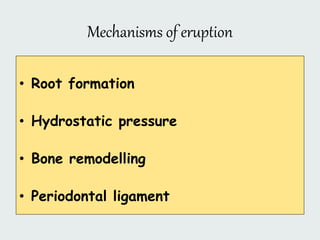 Mechanisms of eruption
• Root formation
• Hydrostatic pressure
• Bone remodelling
• Periodontal ligament
 