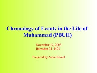 Chronology of Events in the Life of  Muhammad (PBUH) November 19, 2003 Ramadan 24, 1424 Prepared by Amin Kamel 