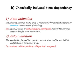 b) Chemically induced time dependency
1) Auto induction
Induction of enzymes by the drug is responsible for elimination there by
increase the clearence of the drug.
Ex: repeated doses of carbamazepine, rifampicin induces the enzymes
responsible for their elimination.
2) Auto inhibition
The metabolites formed increase in concentration and further inhibit
metabolism of the parent drug.
Ex: xanthine oxidase inhibitor- allopurinol, verapamil.
 