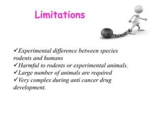 Limitations
Experimental difference between species
rodents and humans
Harmful to rodents or experimental animals.
Large number of animals are required
Very complex during anti cancer drug
development.
 