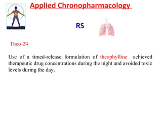 Applied Chronopharmacology
RS
Theo-24
Use of a timed-release formulation of theophylline achieved
therapeutic drug concentrations during the night and avoided toxic
levels during the day.
 