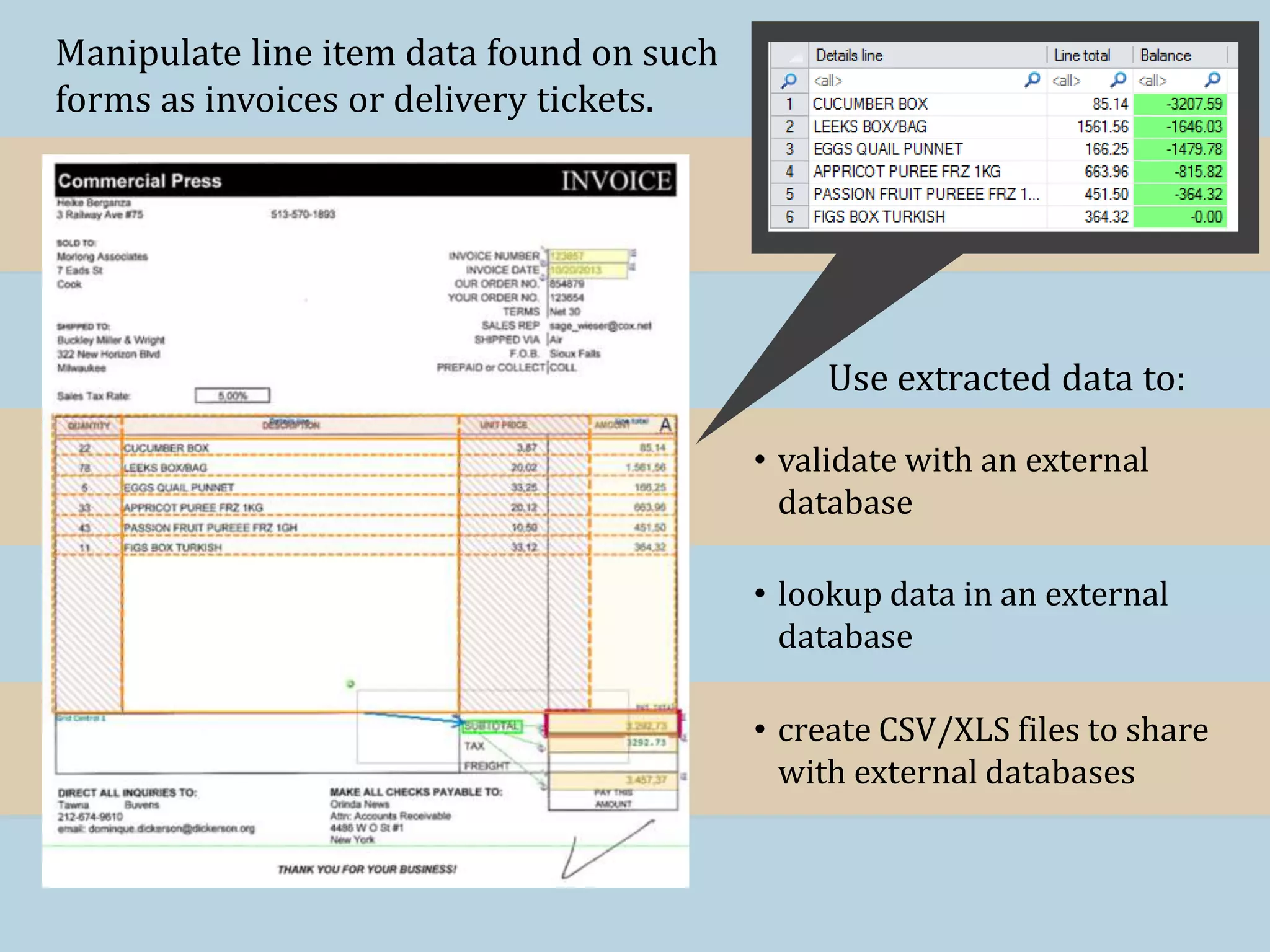 • validate with an external
database
Manipulate line item data found on such
forms as invoices or delivery tickets.
Use extracted data to:
• create CSV/XLS files to share
with external databases
• lookup data in an external
database
 