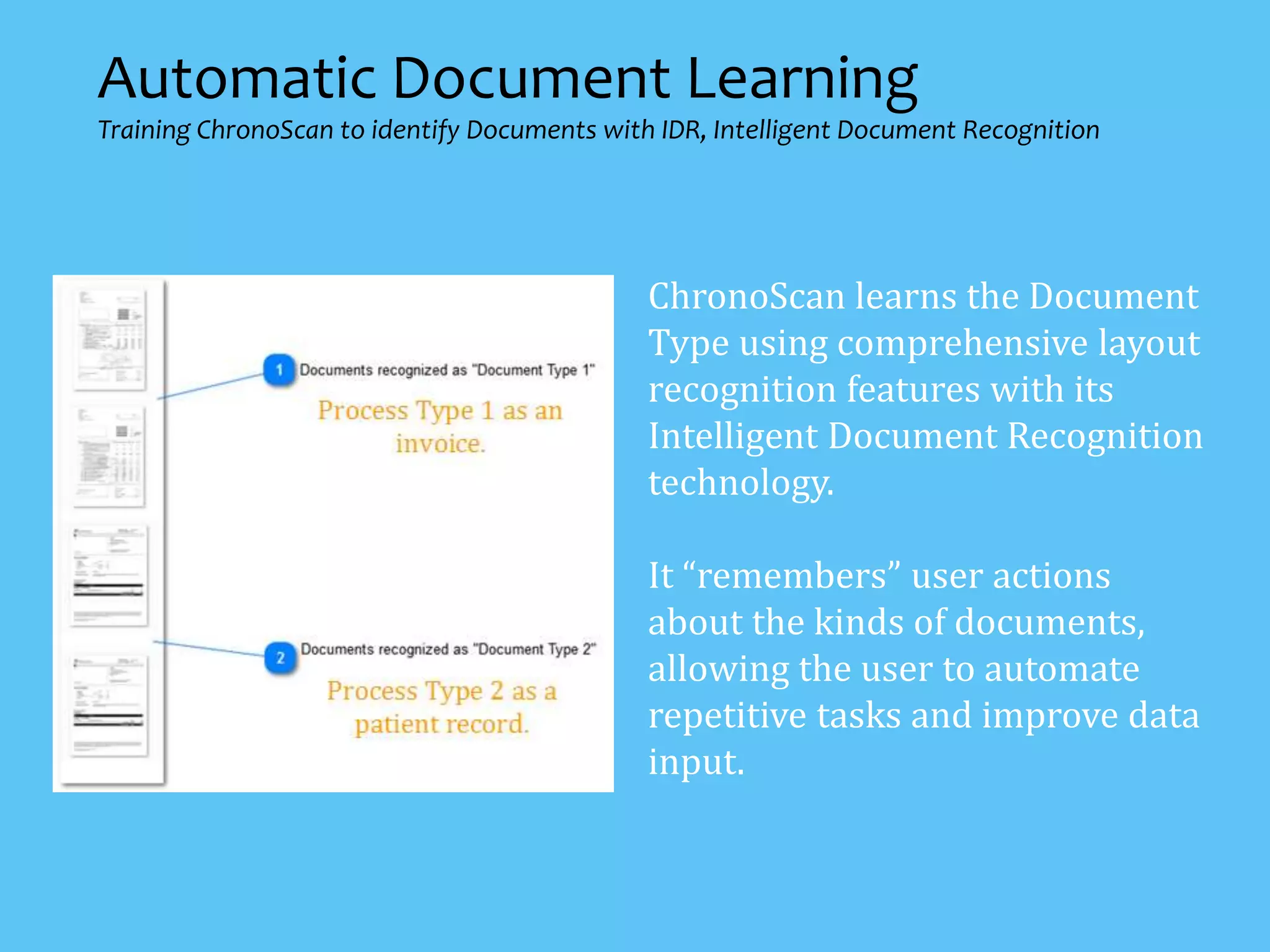 ChronoScan learns the Document
Type using comprehensive layout
recognition features with its
Intelligent Document Recognition
technology.
It “remembers” user actions
about the kinds of documents,
allowing the user to automate
repetitive tasks and improve data
input.
Automatic Document Learning
Training ChronoScan to identify Documents with IDR, Intelligent Document Recognition
 
