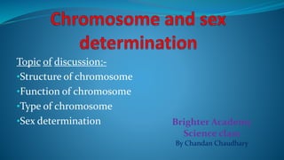 Topic of discussion:-
•Structure of chromosome
•Function of chromosome
•Type of chromosome
•Sex determination Brighter Academy
Science class
By Chandan Chaudhary
 