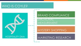 WHO IS COYLE? 
BRAND COMPLIANCE 
EMOTIONAL 
MEASUREMENT 
MYSTERY SHOPPING 
MARKETING RESEARCH 
HOSPITALITY DNA 
 
