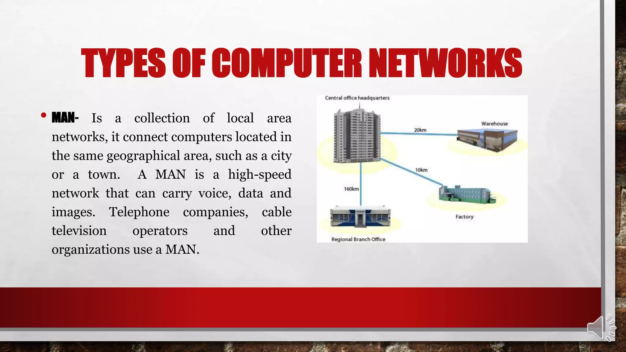 TYPES OF COMPUTER NETWORKS
• MAN- Is a collection of local area
networks, it connect computers located in
the same geographical area, such as a city
or a town. A MAN is a high-speed
network that can carry voice, data and
images. Telephone companies, cable
television operators and other
organizations use a MAN.
 