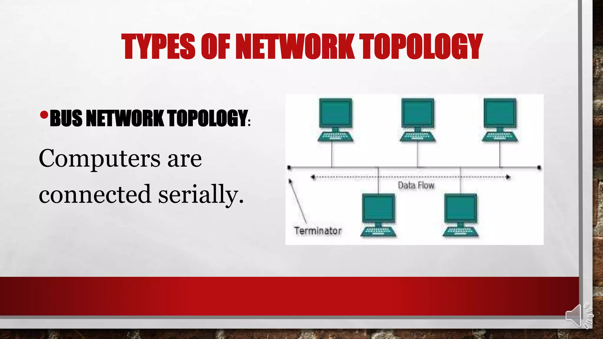 TYPES OF NETWORK TOPOLOGY
•BUS NETWORK TOPOLOGY:
Computers are
connected serially.
 