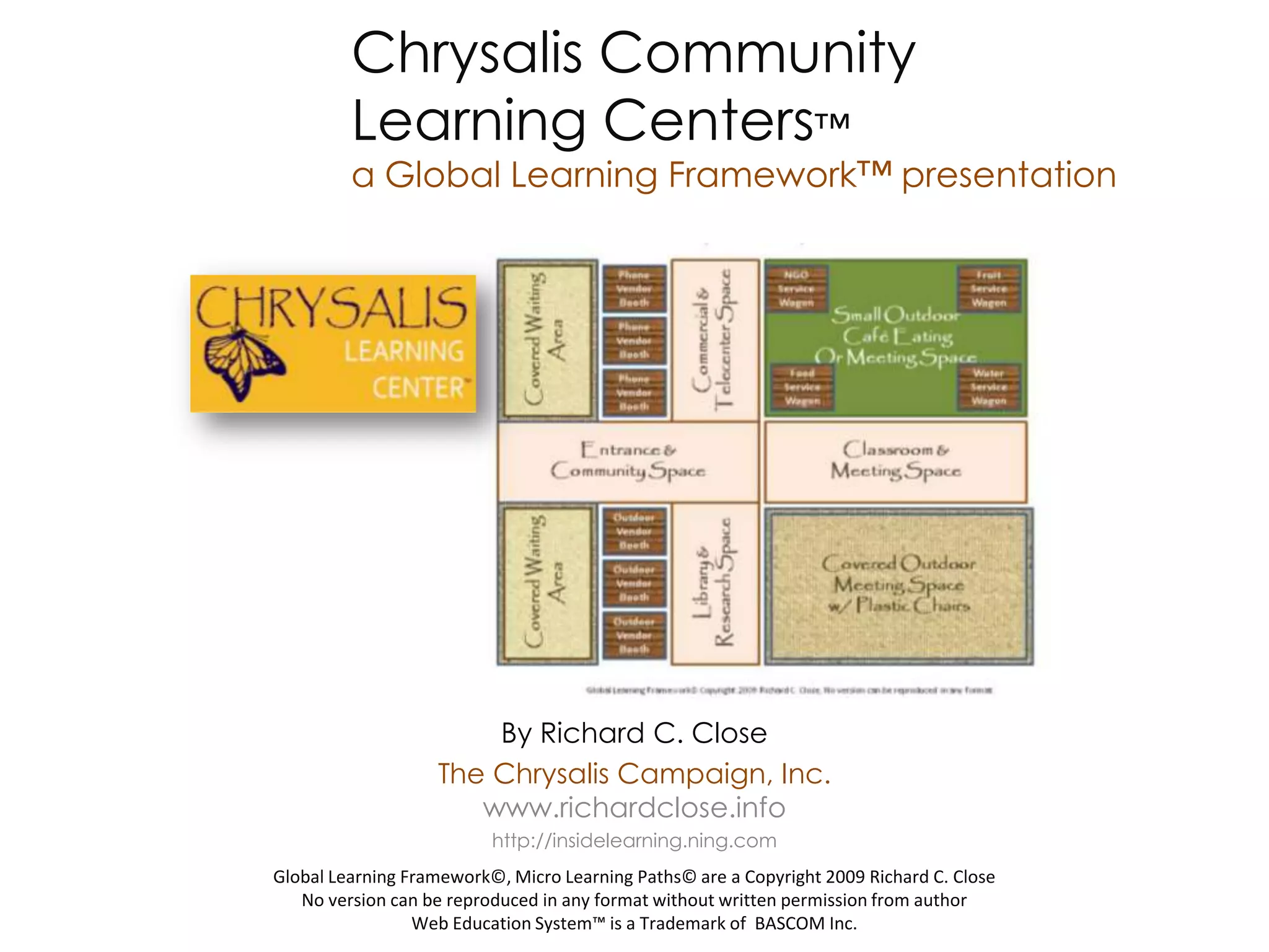 Chrysalis Community
         Learning Centers™
         a Global Learning Framework™ presentation




                       By Richard C. Close
                   The Chrysalis Campaign, Inc.
                      www.richardclose.info
                          http://insidelearning.ning.com
Global Learning Framework©, Micro Learning Paths© are a Copyright 2009 Richard C. Close
   No version can be reproduced in any format without written permission from author
                 Web Education System™ is a Trademark of BASCOM Inc.
 