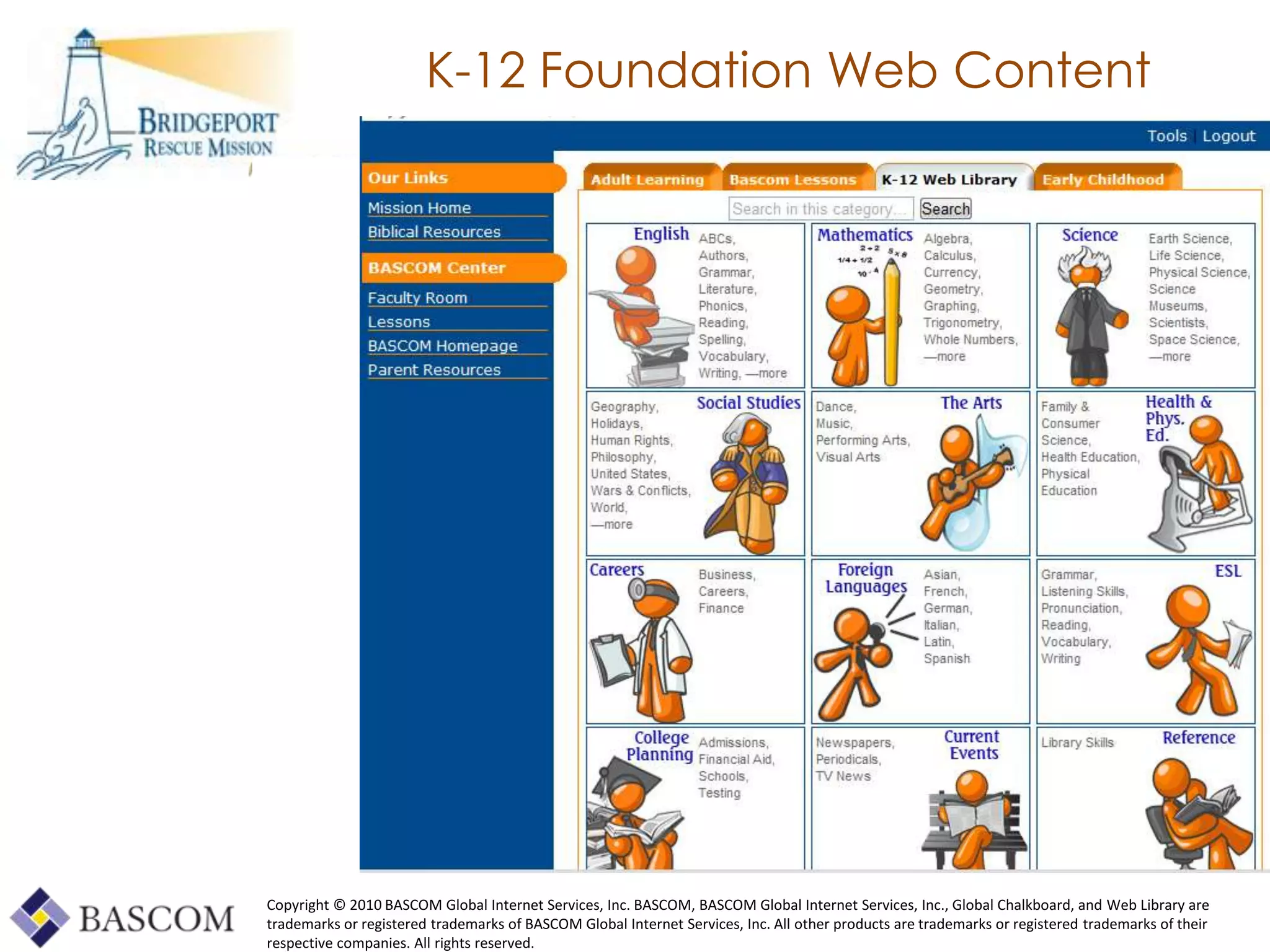 K-12 Foundation Web Content




Copyright © 2010 BASCOM Global Internet Services, Inc. BASCOM, BASCOM Global Internet Services, Inc., Global Chalkboard, and Web Library are
trademarks or registered trademarks of BASCOM Global Internet Services, Inc. All other products are trademarks or registered trademarks of their
     Global Learning Framework© Copyright 2009 Richard C. Close, No version can be reproduced in any format.
respective companies. All rights reserved.
 