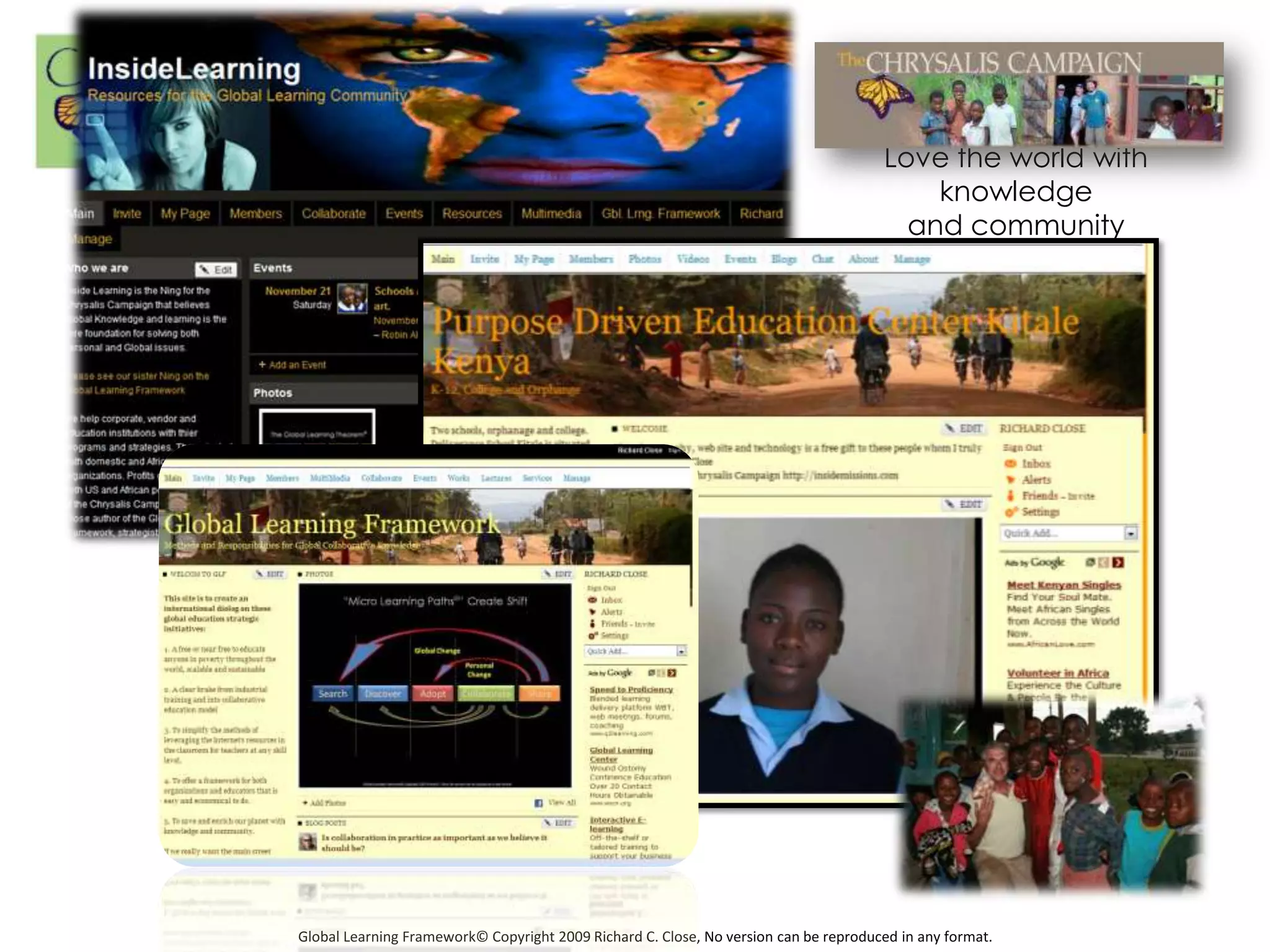 Love the world with
                                                                                          knowledge
                                                                                        and community




Global Learning Framework© Copyright 2009 Richard C. Close, No version can be reproduced in any format.
 