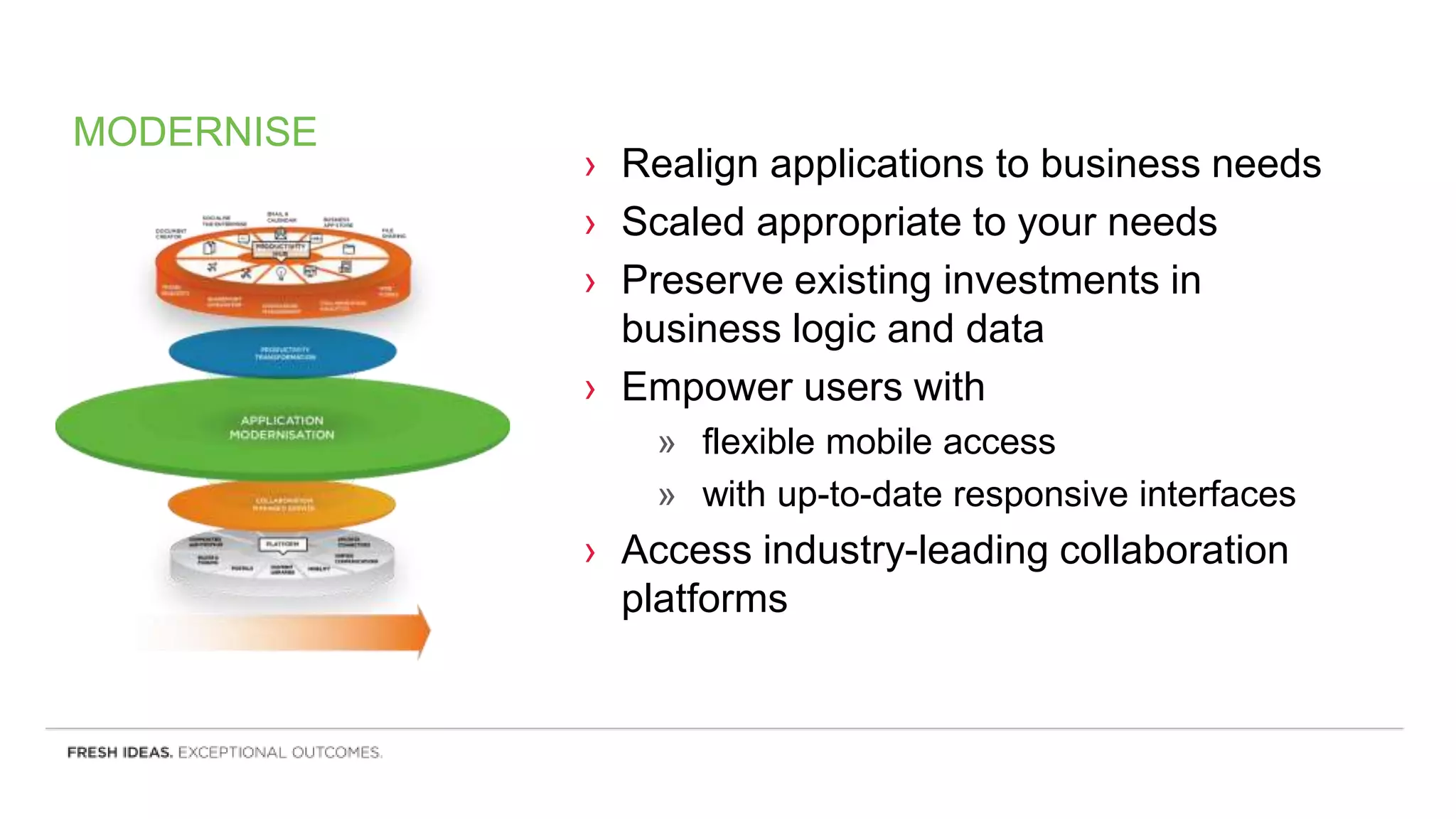 MODERNISE
› Realign applications to business needs
› Scaled appropriate to your needs
› Preserve existing investments in
business logic and data
› Empower users with
» flexible mobile access
» with up-to-date responsive interfaces
› Access industry-leading collaboration
platforms
 