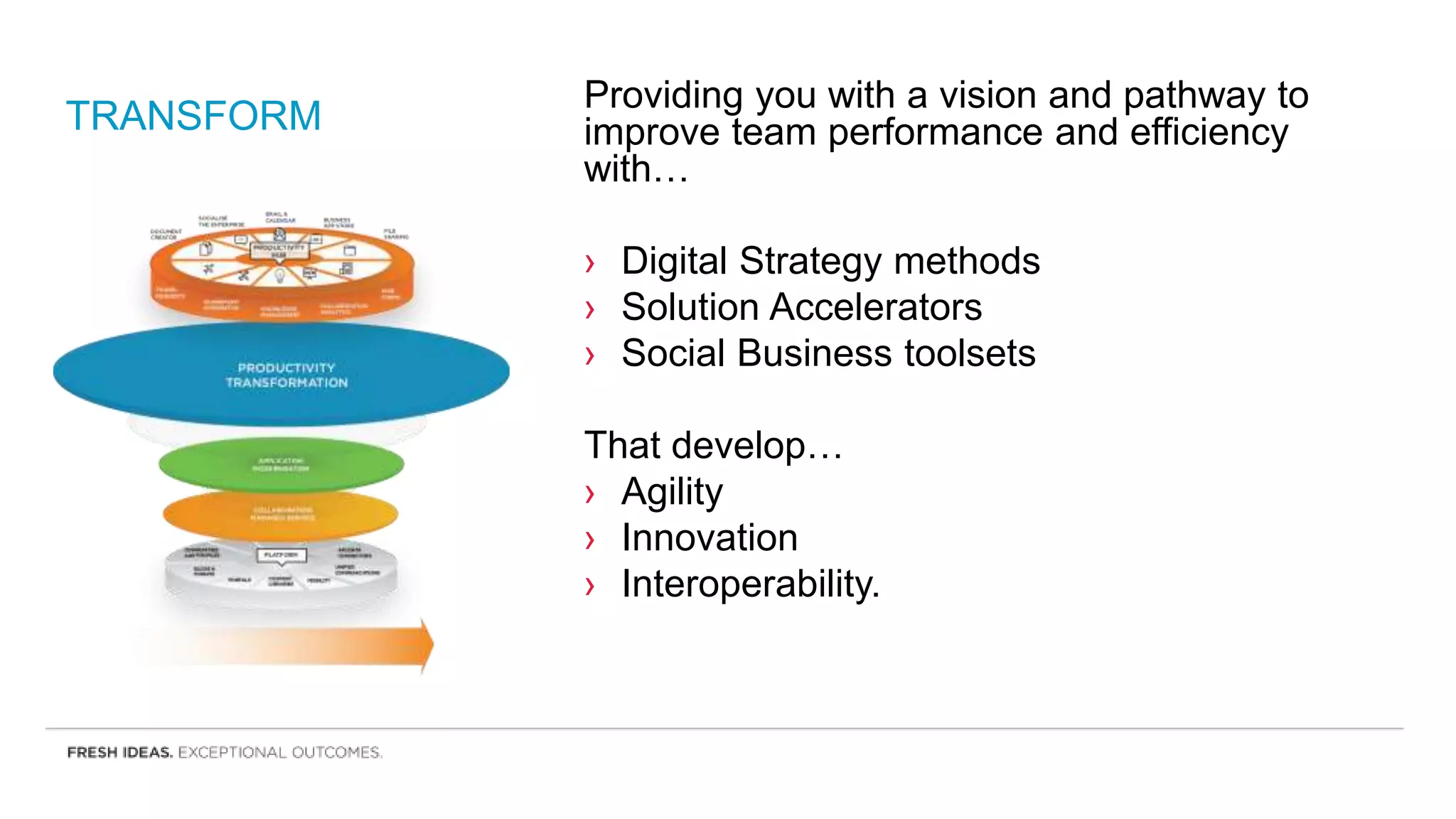 TRANSFORM
Providing you with a vision and pathway to
improve team performance and efficiency
with…
› Digital Strategy methods
› Solution Accelerators
› Social Business toolsets
That develop…
› Agility
› Innovation
› Interoperability.
 